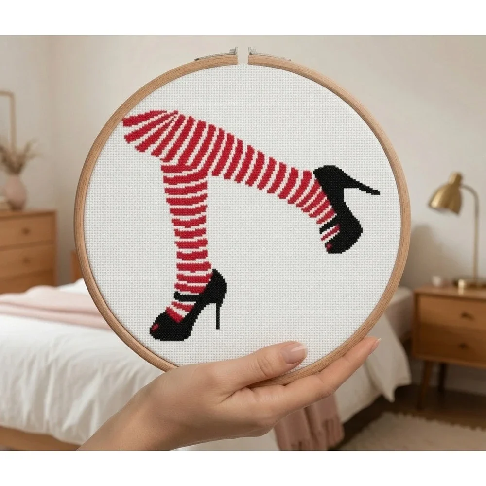 Red Striped Stockings Pin-Up Legs Shoes Modern Cross Stitch Pattern Chart